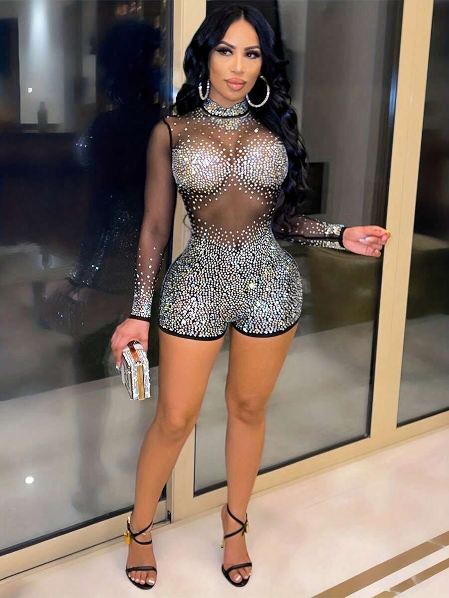 Summer Fashion Sexy Net Mesh See-Through Rhinestoned Long Sleeve Skinny Romper - Black - View 1