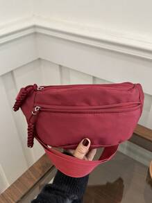 时尚尼龙斜挎包，纯色单肩包，女士休闲单肩包，适合户外运动，酒红色 - 酒紅色 - 查看 3
