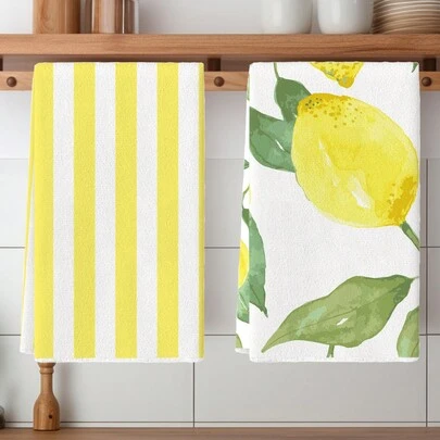 Bộ 2 khăn lau bát đĩa bằng sợi microfiber siêu thấm hút họa tiết chanh, mềm mại, nhanh khô, thích hợp cho việc nướng bánh, nấu nướng và lau chùi, dùng trong nhà bếp và phòng ăn, đồ dùng nhà bếp.