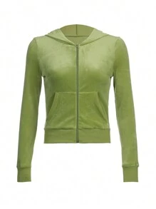 Women Solid Color Hooded Jacket, Match With Elastic Waist Flared Pants, Green/ Rosy - 綠色 - 查看 4