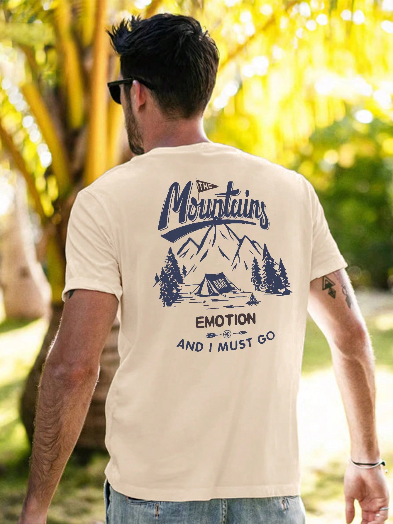 Men's Casual Round Neck Short Sleeve T-Shirt With Slogan & Mountain Print, Summer