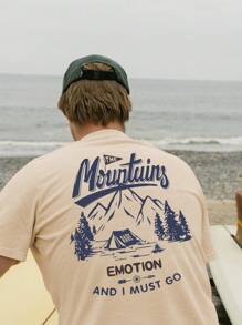 男士休闲圆领短袖 T 恤，带标语和山脉印花，夏季 - 杏色 - 查看 1