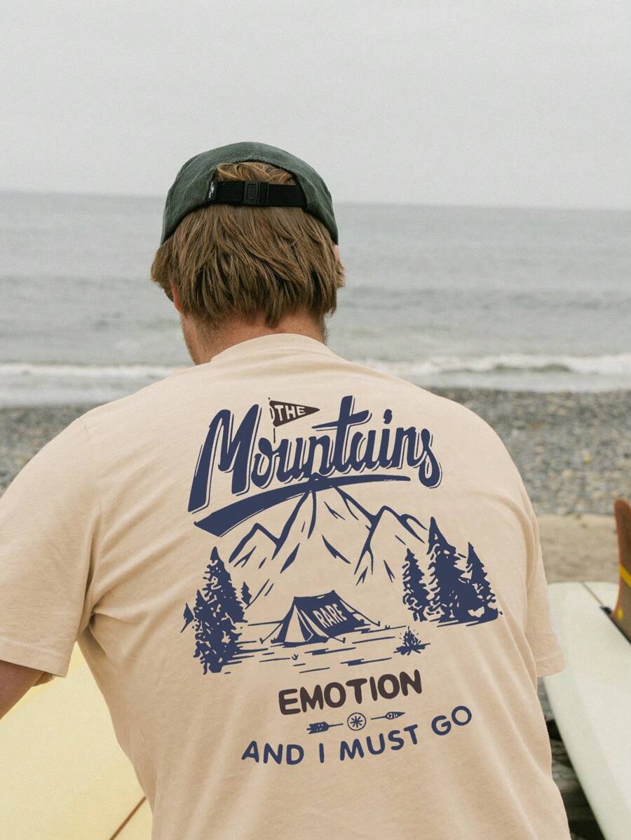 男士休闲圆领短袖 T 恤，带标语和山脉印花，夏季 - 杏色 - 查看 1