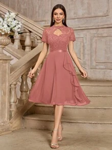 MIUSOL 花卉蕾丝高领侧边垂褶雪纺鸡尾酒会摆裙