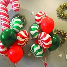 5/6 件圣诞红和绿色悬挂铝箔气球，包括圣诞球和 4D 糖果形悬挂气球，适用于圣诞派对装饰、冬季新年假期派对装饰、生日庆祝、圣诞主题活动和场景、室内和室外圣诞装饰、圣诞树悬挂气球 - 彩色 - 查看 6