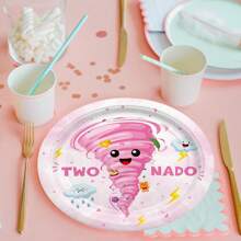 Juego de vajilla de 24 piezas/72 piezas con diseño de Tornado rosa, TWO NADO con nube, clima, oso de peluche, patito, relámpago, tormenta, apto para cumpleaños de 2 años, niñas, platos desechables de papel de 9 pulgadas y 7 pulgadas, vacaciones, fiesta, set de vajilla decorativa - Multicolor - Ver 5
