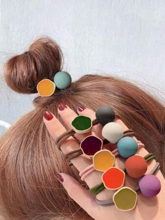 5个/套圆形珠子染色优雅发圈，女士款（颜色随机），可爱，多巴胺马尾发圈，发绳，发圈，发饰