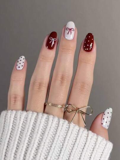 Elevate Your Style With, 24Pcs/Set Short Oval Bow And Polka Dot Nails Design French Tip Press On Nails Acrylic Short Nails Fit Perfectly False Nails ,Include: 1pc Jelly Glue And 1pc Nail File, Valentine Nails And Polka Dot Nails Make Your Fingertips Shine And Beautiful,Very Suitable For Woman Girl Daily Work & Rave Party Use