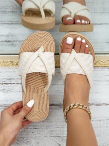 Women Flat Sandals, Beige Flat Shoes, Fabric Lace-Up Slippers, Toe Post, Slip-On, Versatile Daily/Outdoor/Beach/Travel Wear, White - Beige - View 3