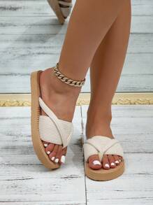 Women Flat Sandals, Beige Flat Shoes, Fabric Lace-Up Slippers, Toe Post, Slip-On, Versatile Daily/Outdoor/Beach/Travel Wear, White - Beige - View 5