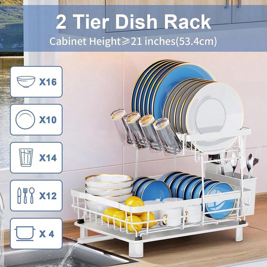 AXOSY Dish Drying Rack, 2-Tier Stainless Steel Dish Racks For Kitchen Counter, Large Capacity Dish Rack With Removable Utensil Holder, Dish Drying Rack With Drainboard For Kitchen Sink
