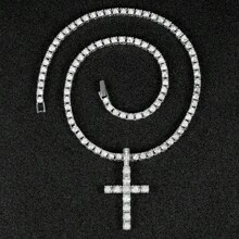 XJYHDY 男式女式嘻哈吊坠项链，带 4 毫米锆石网球链，冰晶精致闪亮珠宝时尚潮流创意 - 銀色 - 查看 2