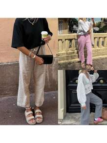 Women's Summer Casual Pants Plaid Drawstring High Waist Straight Leg Trousers For Daily Wear - 卡其色 - 查看 10