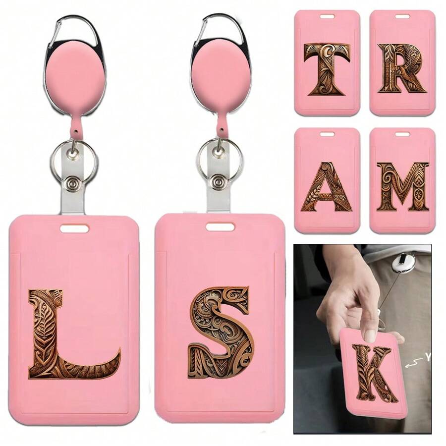 Cartoon Letter Card Sleeve ID Card Bus And Subway Access Work Permit Card Sleeve Staff Employee Pass Keychain With Retractable Rope For Work Id Card Dual-Sided Work Badge Holder - Pink - View 1