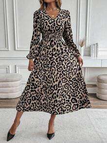 Plus Size Fashionable Leopard Print Long Sleeve Dress - Brown - View 3