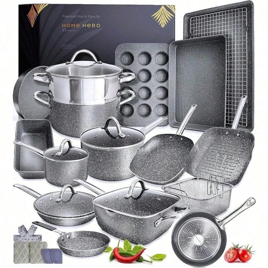 Home Hero Pots And Pans Set Non Stick - Induction Compatible Kitchen Cookware Sets + Bakeware Sets - Non Stick, PFOA Free, Oven Safe Pot And Pan Set Nonstick (23 Pcs - Granite) - 23 Pcs - Granite - View 1