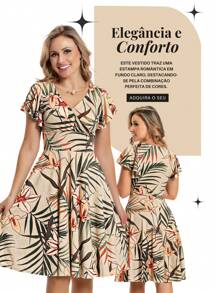 Vestido Estampado com Rodado Decote V Transpassado Moda Evangélica Romântico