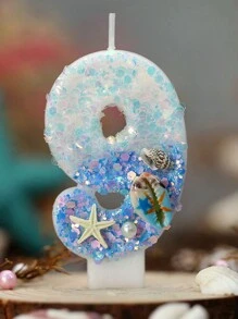 1 pieza Vela de cera con tema de océano en degradado azul con espiral de concha y números digitales del 0 al 9, decoración de tarta con tapa de concha y estrella de mar para cumpleaños