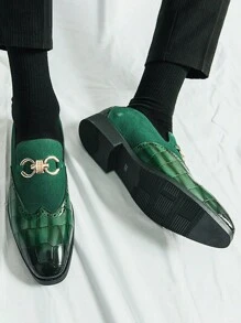 Vintage Men's Slip-On Loafers, Elegant Gentleman Oxfords With Buckle Decor, Faux Suede Patchwork, Non-Slip Durable Sole, Casual/Business/Formal Wear, Suitable For College, Graduation, Office, Party, Wedding, Spring/Summer/Autumn, Recommend Sizing Down