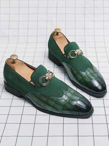 Vintage Men's Slip-On Loafers, Elegant Gentleman Oxfords With Buckle Decor, Faux Suede Patchwork, Non-Slip Durable Sole, Casual/Business/Formal Wear, Suitable For College, Graduation, Office, Party, Wedding, Spring/Summer/Autumn, Recommend Sizing Down