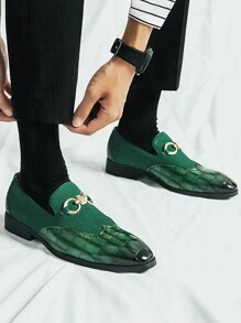 Vintage Men's Slip-On Loafers, Elegant Gentleman Oxfords With Buckle Decor, Faux Suede Patchwork, Non-Slip Durable Sole, Casual/Business/Formal Wear, Suitable For College, Graduation, Office, Party, Wedding, Spring/Summer/Autumn, Recommend Sizing Down
