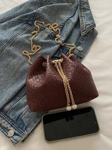 Bolso de hombro cruzado en forma de cubo mini con correa de cadena de unicolor a la moda - Rojo - Ver 5