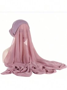 Instant Chiffon Hijab With Undercap Solid Color Basic Stretchy Pullover Headscarf Outdoor Thin Breathable Sunscreen Head Wrap - A - View 6