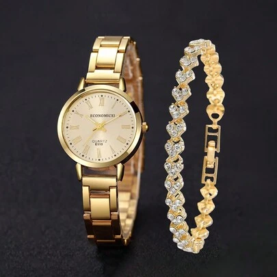 1 pieza Reloj de pulsera de acero para niñas con disco digital pequeño como regalo para estudiantes que regresan a la escuela y 1 pieza Conjunto de joyas de pulsera para damas