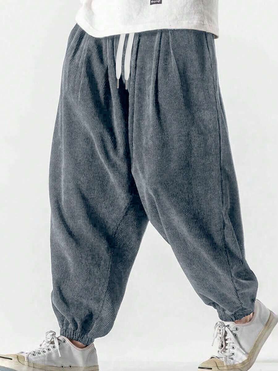 Men's Corduroy Drawstring Pants, Casual Loose Fit Trousers, & Versatile For Spring & Autumn - Light Grey - View 1