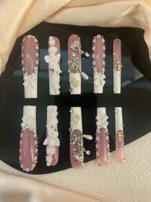 10 Pieces Of Pure Handmade Press-On Nails , 54mm Coffin Type, The Press-On Nails Piece Is Colored With Pink And White, The Press-On Nails Is Inlaid With White Bow Ants, White Three-Dimensional Flowers, White Piano-Playing Little Angels