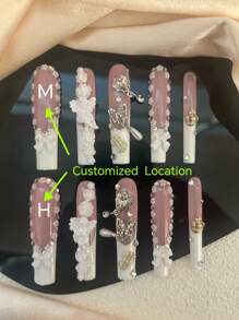 10 Pieces Of Pure Handmade Press-On Nails , 54mm Coffin Type, The Press-On Nails Piece Is Colored With Pink And White, The Press-On Nails Is Inlaid With White Bow Ants, White Three-Dimensional Flowers, White Piano-Playing Little Angels