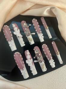 10 Pieces Of Pure Handmade Press-On Nails , 54mm Coffin Type, The Press-On Nails Piece Is Colored With Pink And White, The Press-On Nails Is Inlaid With White Bow Ants, White Three-Dimensional Flowers, White Piano-Playing Little Angels