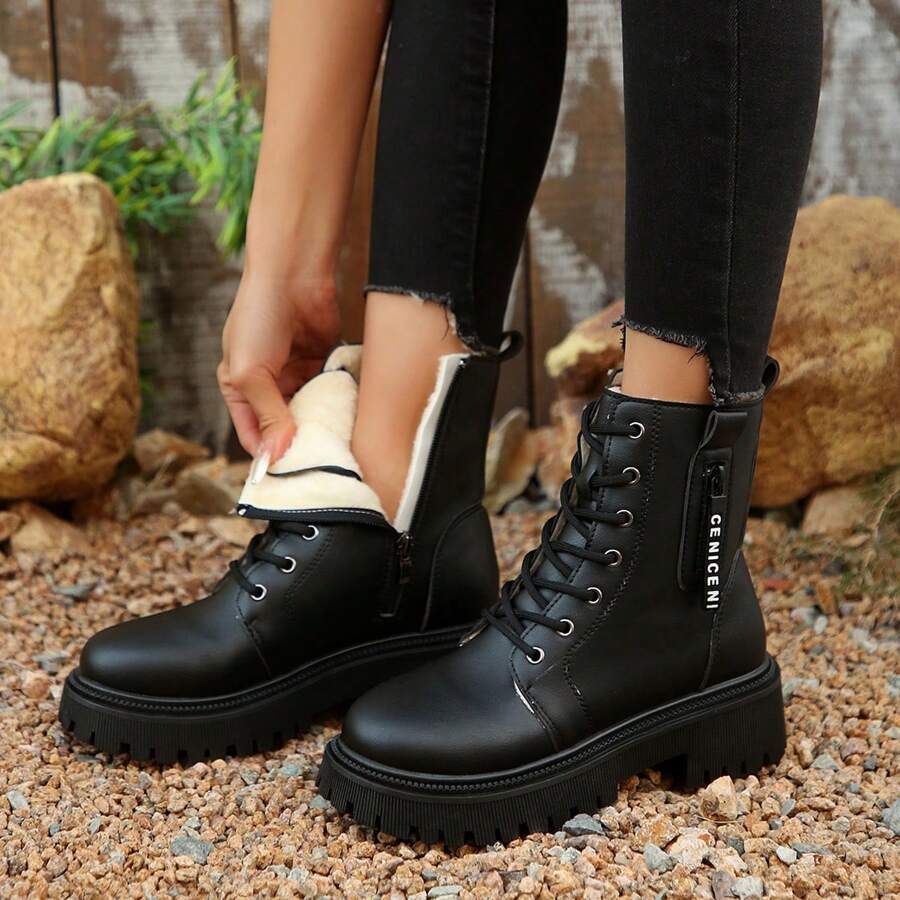 1 par de botas versátiles para mujer con forro térmico y cremallera lateral antideslizante, de estilo moderno