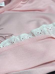 2 件装女婴春秋卡通印花长袖上衣，带网眼和蕾丝细节和纯色长裤套装 - 粉色 - 查看 7