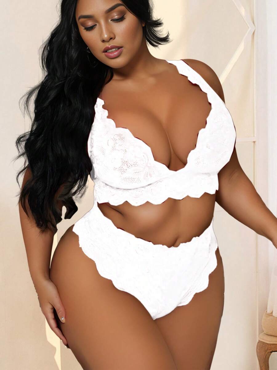 Women Plus Size 2 Piece Lingerie Sexy Floral Lace Scallop Trim Bralette And High Waist Panty Set - trắng - Xem 1