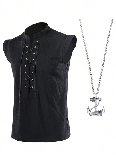 Mens Pirate Renaissance Viking Steampunk Medieval Gothic Celtic Sleeveless Shirt Barbarian Top Tee Include Pendant Necklace