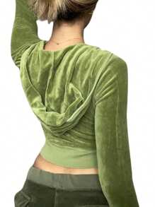 Women Solid Color Hooded Jacket, Match With Elastic Waist Flared Pants, Green/ Rosy - 綠色 - 查看 5