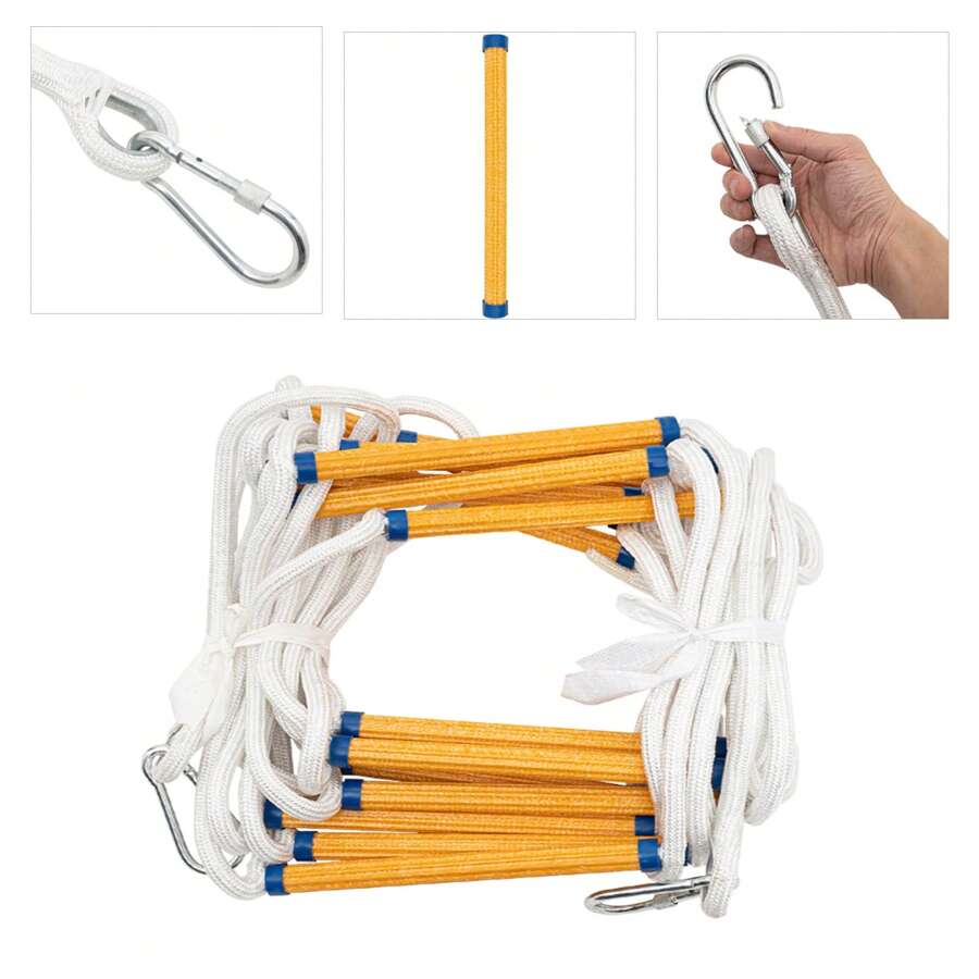 YUNRUX Escalera de cuerda Escalera de rescate ignífuga con 2 ganchos para rescate de emergencia 10 m Escalera de cuerda para incendios de 200 kg Escalera de rescate ignífuga para extinción de incendios 10 m - Amarillo - Ver 1