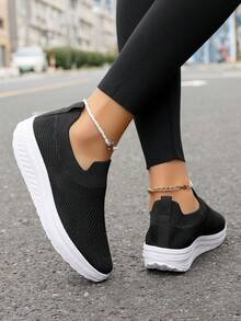 2025 New Knit Breathable Lightweight High-Sole Solid Color Women Shoes, Hand/Machine Washable, Suitable For Dance, Running, Walking, Casual