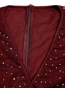 欧美时尚女装性感紧身连衣裙夜场派对中长款时尚简约外贸热销长袖深V领网纱翻边开衩女装 - 酒紅色 - 查看 5