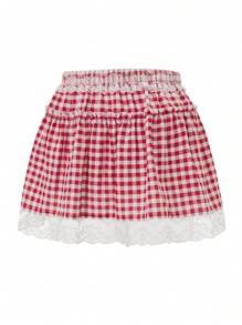 Women Floral Lace Mini Skirt Y2k Sheer Ruffle Hem Bodycon Short Skirt Low Rise Fairycore Layered Pleated Skirts - Đỏ - Xem 2