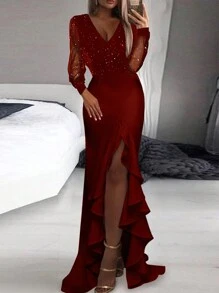 欧美时尚女装性感紧身连衣裙夜场派对中长款时尚简约外贸热销长袖深V领网纱翻边开衩女装 - 酒紅色 - 查看 2