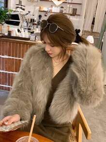 女士新款人造毛皮 V 领夹克，时尚简约蓬松外套，秋冬