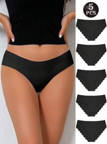 5 chiếc/gói Quần lót bikini gợi cảm không đường may, viền bèo nhún, thoải mái, thoáng khí, màu trơn, đồ lót thiết yếu mặc hàng ngày cho phụ nữ - màu đen - Xem 2