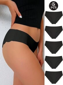 5 chiếc/gói Quần lót bikini gợi cảm không đường may, viền bèo nhún, thoải mái, thoáng khí, màu trơn, đồ lót thiết yếu mặc hàng ngày cho phụ nữ - màu đen - Xem 3