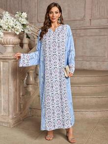 Geometric Print V-Neck Batwing Sleeve Patchwork Dress - Multicolor - View 5