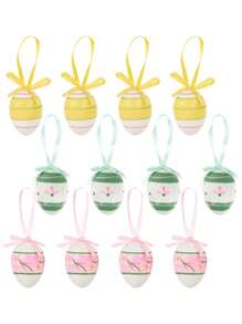 12/24pcs Easter Eggs Colorful Bunny Painted Plastic Hanging Pendant DIY Easter Egg Crafts For Home Easter Party Supplies Decoration - Multicolor - View 4