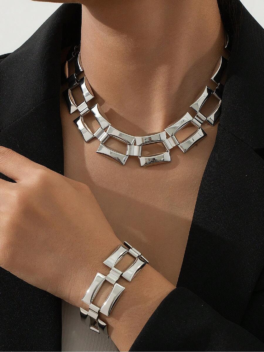 1 Set Fashionable Geometric Hollow Square Metal Chain Necklace & Bracelet Jewelry Set, Gift For Women, Holiday & Vacation
