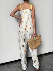 Mono holgado y casual para mujer con estampado de abeja, crisantemo y girasol, adecuado para verano y primavera, vacaciones, diseño de moda casual y cómodo con estampado floral y plantas, con bolsillos y cordón, tela de lino sintético, mono holgado con estampado retro - Multicolor - Ver 2