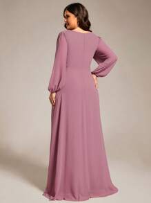 EVERPRETTY Plus Elegant Chiffon Deep V-Neck Bridesmaid Wedding Guest Dresses With Lantern Sleeves - Dusty Pink - View 2
